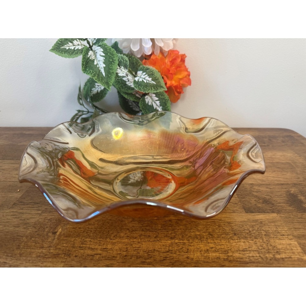 Vintage Marigold Carnival Glass Bowl Ruffled Edge Iridescent Flower Pattern Dish